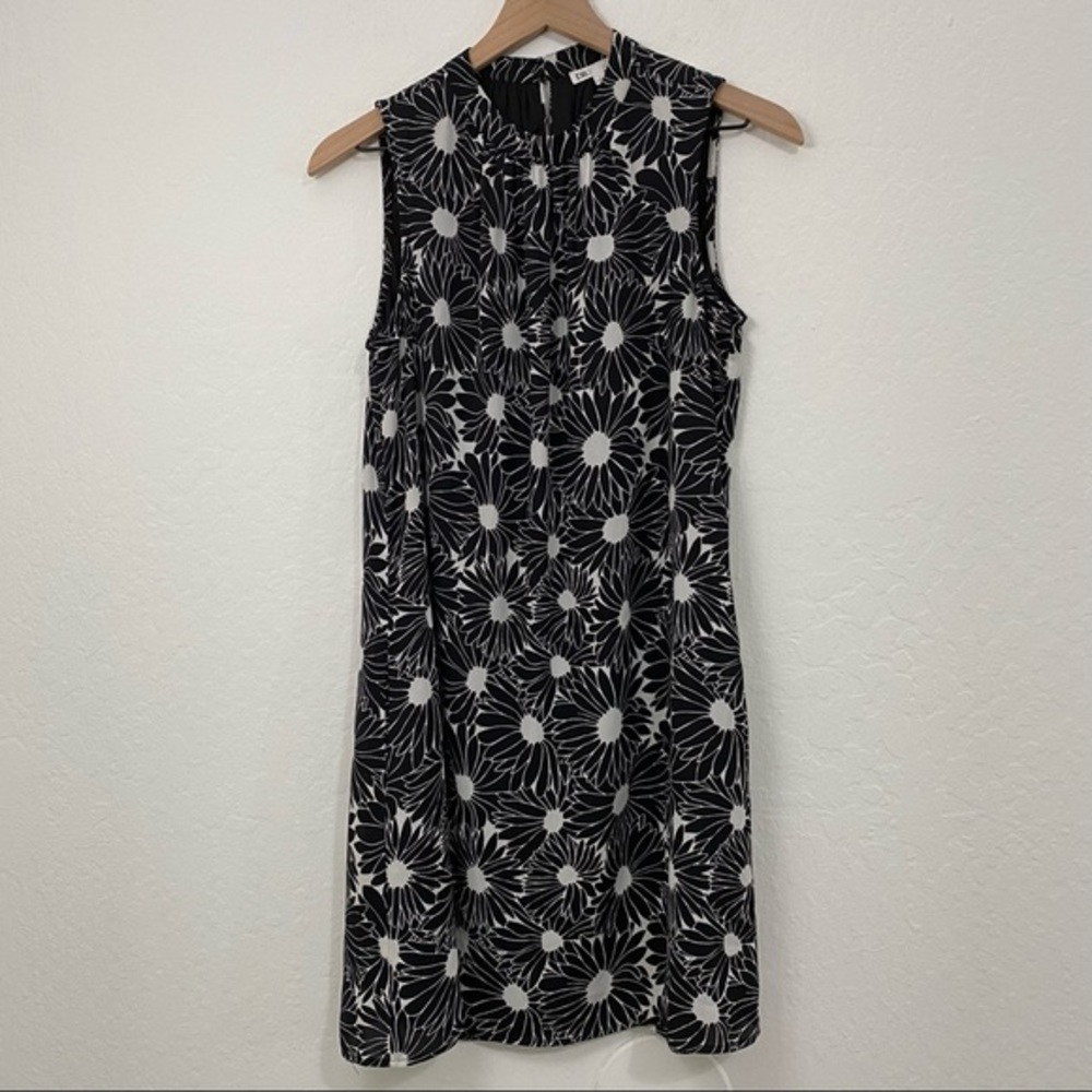 DR2 Women’s S Floral Black White Lined Sleeveless Dress Summer Midi High Neck